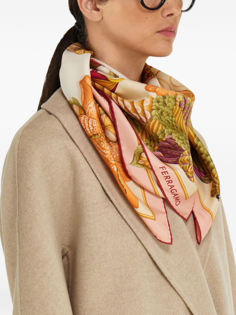 Ferragamo Parrot And Gancini Print Silk Scarf — Orange Pure Scarfs
