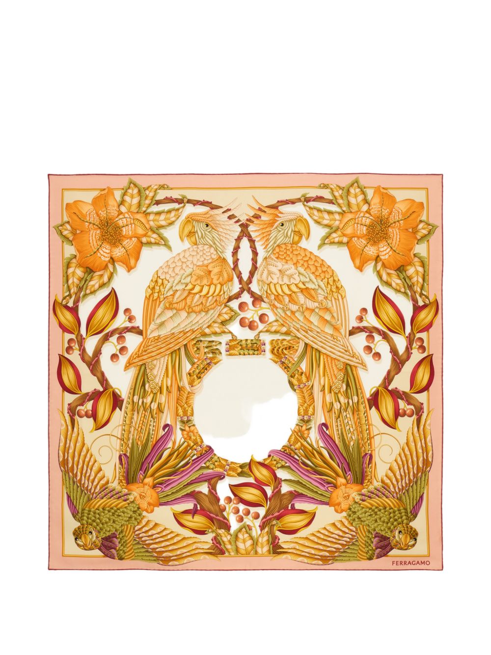 Ferragamo Parrot And Gancini Print Silk Scarf — Orange Pure Scarfs