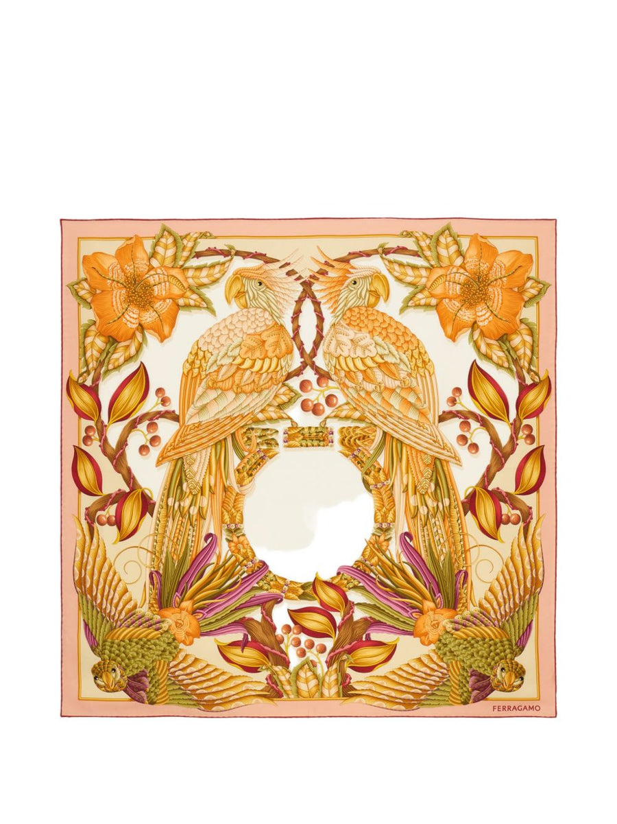 Ferragamo Parrot And Gancini Print Silk Scarf — Orange Pure Scarfs