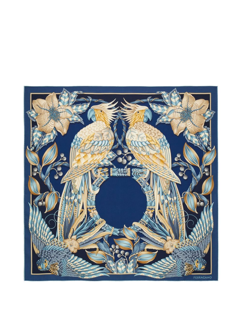 Ferragamo Parrot And Floral Silk Scarf — Navy Pure Scarfs
