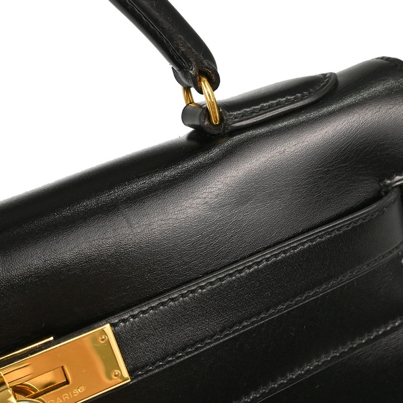 Hermes Kelly Black Box Calf With Gold Hardware Calfskin Bag