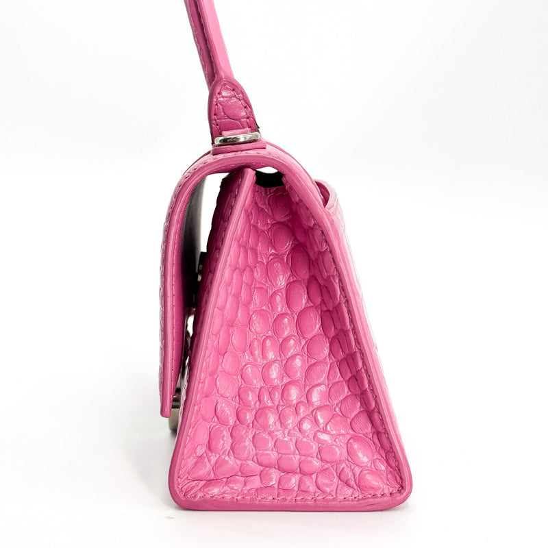 Balenciaga Hourglass Top Handle Crocodile Embossed Leather Pink Bag