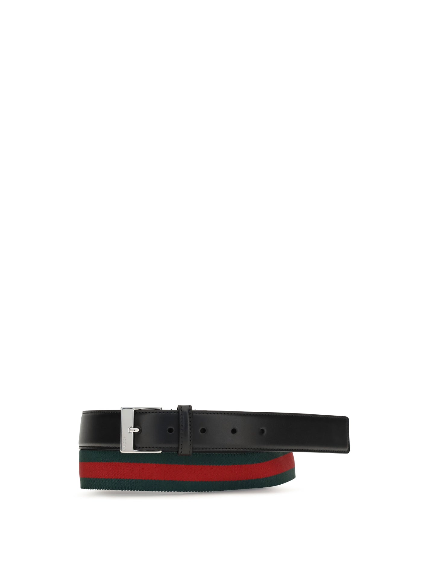 Gucci Square-Buckle Web Stripe Belt — Black Calf Leather