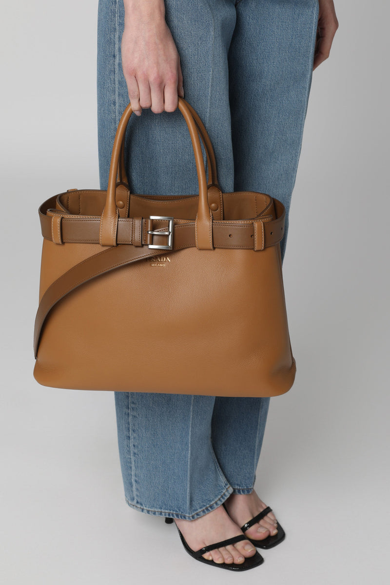 Prada Buckle Tote Bag — Brown Calfskin