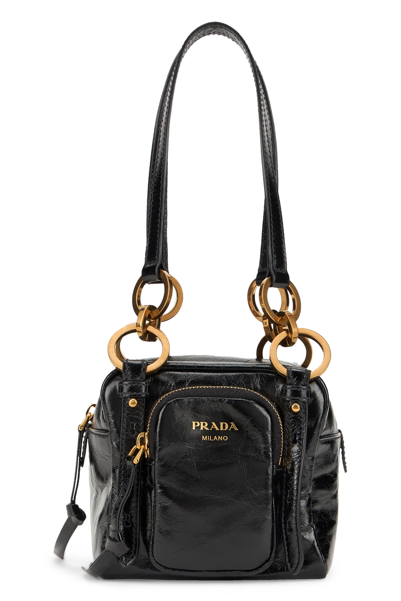 Prada Leather Dangle Ring Shoulder Bag — Black Calf