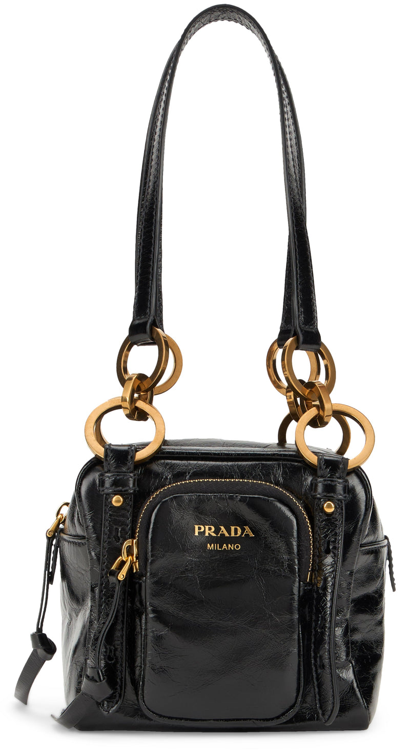 Prada Leather Dangle Ring Shoulder Bag — Black Calf