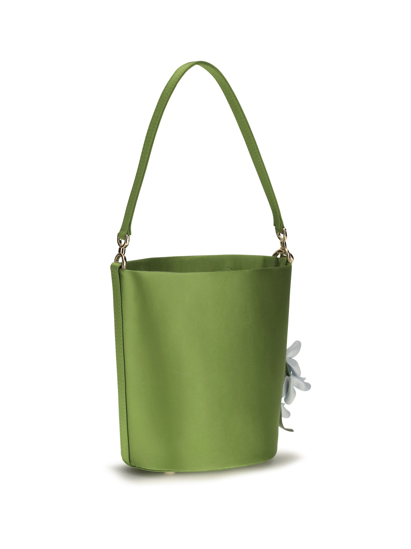 Self-Portrait Satin With Removable Bow Charm Bucket Bag — Green Polyester