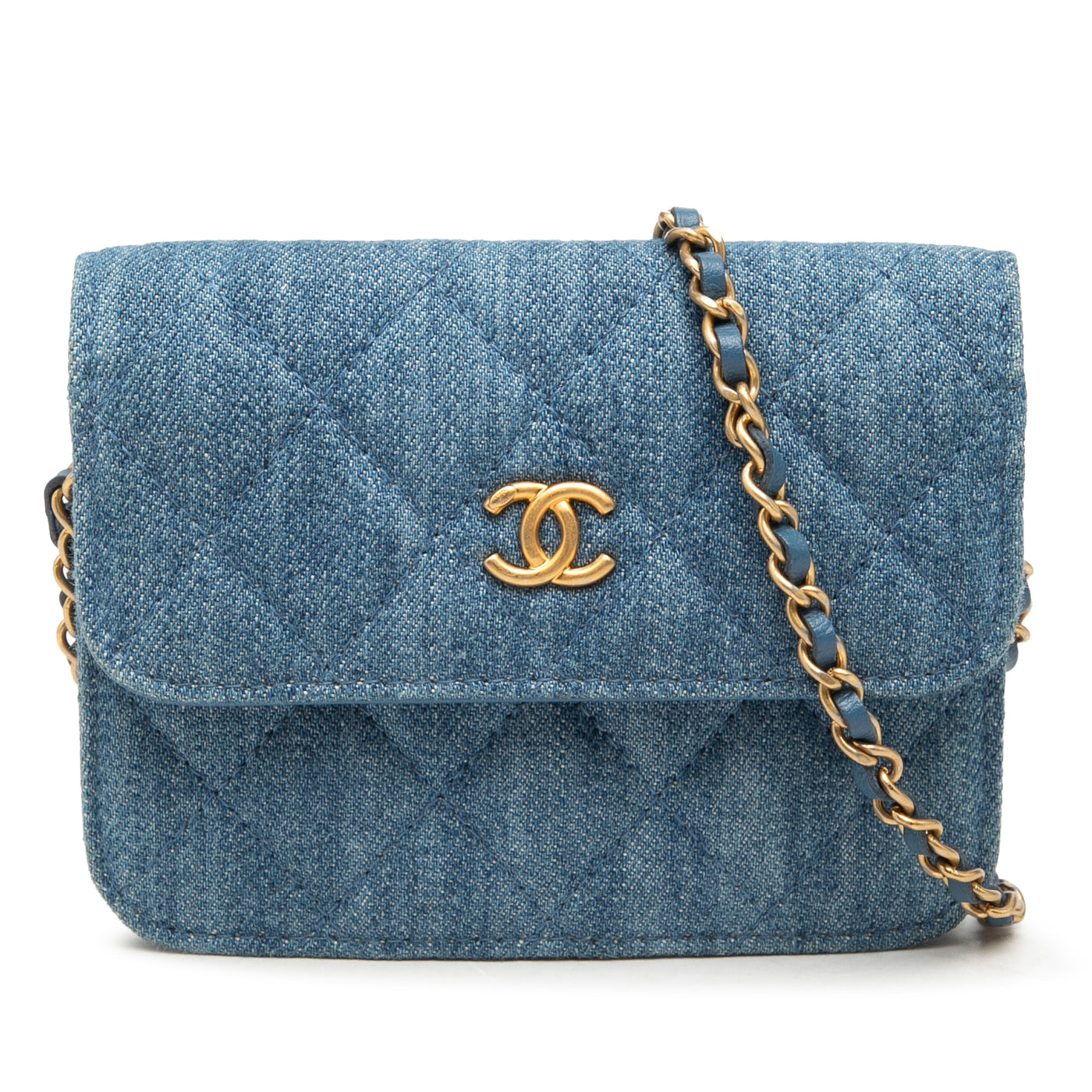 Mini Quilted Denim Pearl Crush Clutch with Chain - Image 1