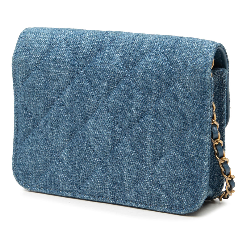Mini Quilted Denim Pearl Crush Clutch with Chain - Image 2