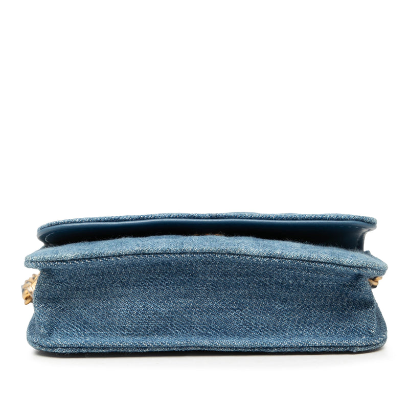 Mini Quilted Denim Pearl Crush Clutch with Chain - Image 3
