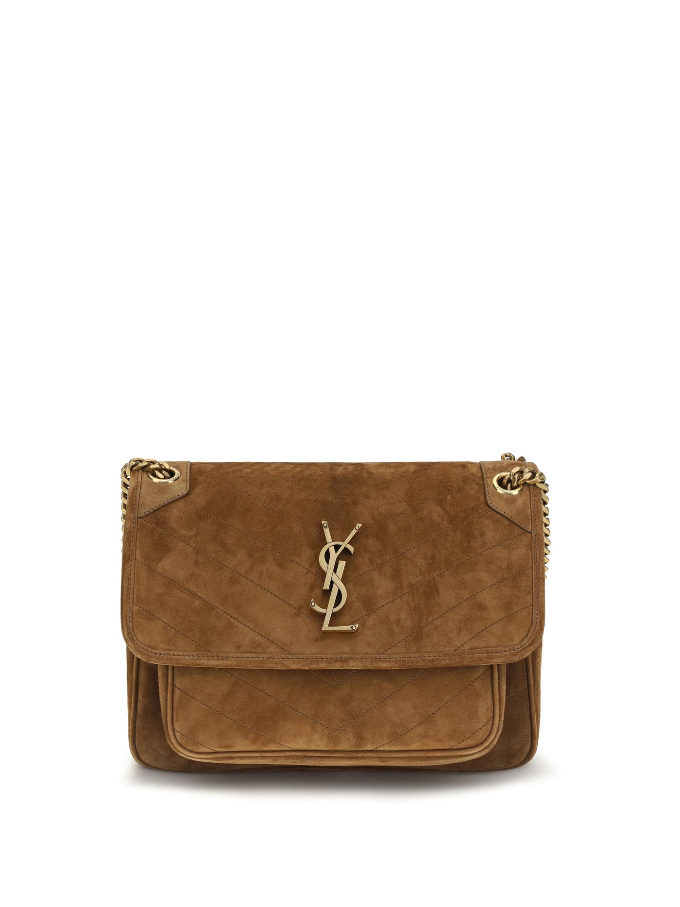 Saint Laurent Quilted Suede Shoulder Bag — Brown