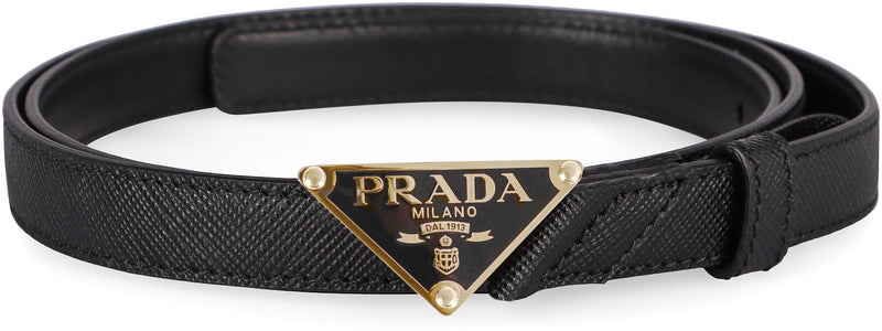 Prada Saffiano Calfskin With Metal Buckle Belt — Black Calf