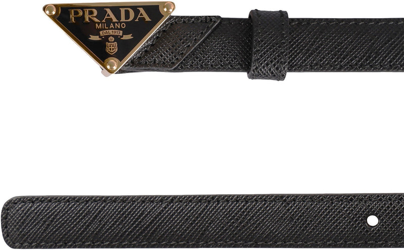 Prada Saffiano Calfskin With Metal Buckle Belt — Black Calf
