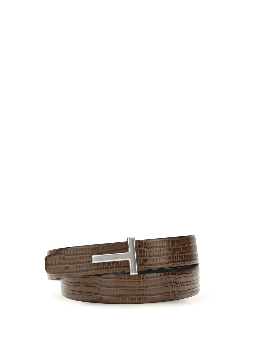 Tom Ford Reversible T Icon Calf Leather Belt — Brown