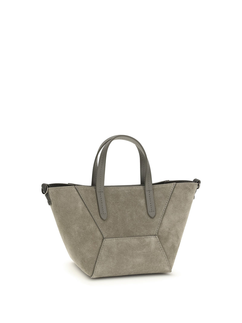 Brunello Cucinelli Paneled Suede Shoulder Bag — Beige Calf Leather Bos Taurus
