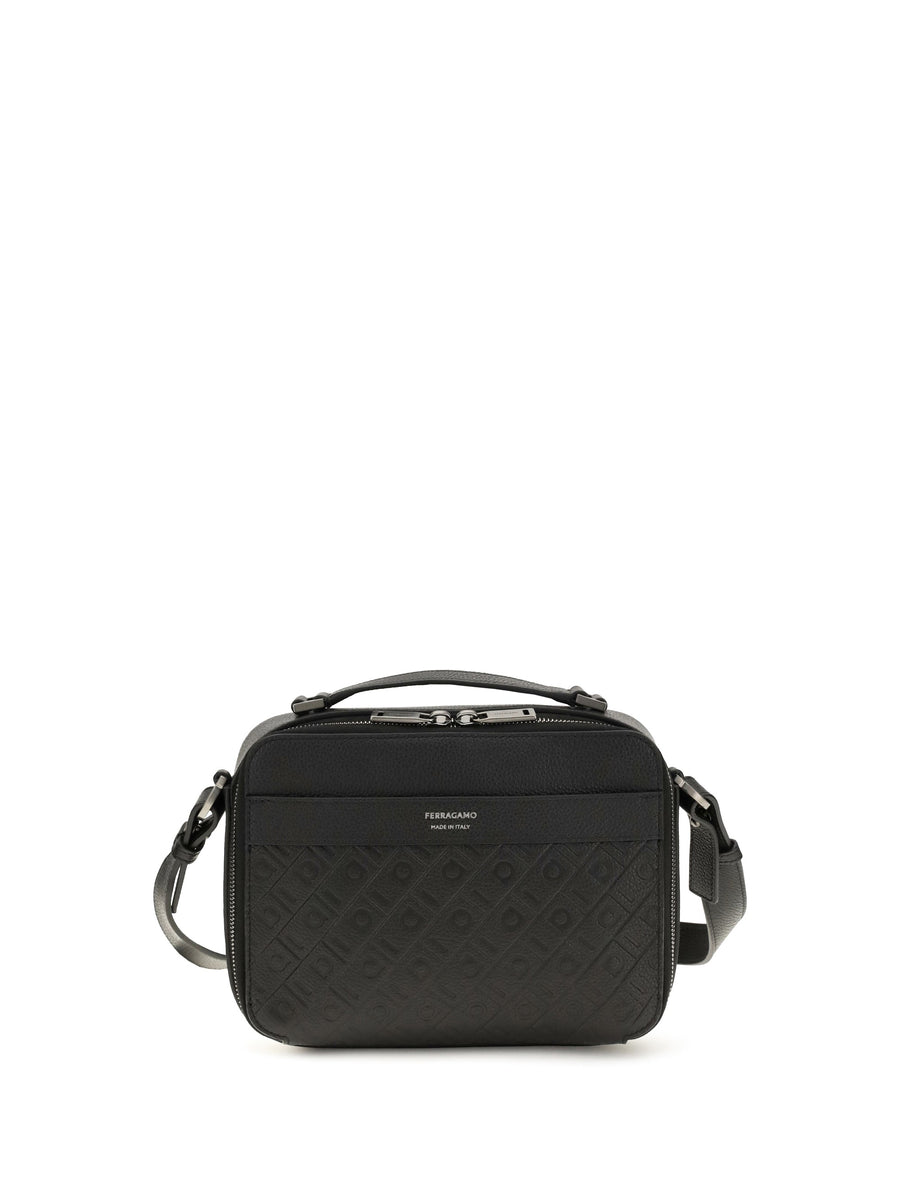 Ferragamo Embossed Gancini Pattern Crossbody Bag — Black Calf Leather Bos Taurus