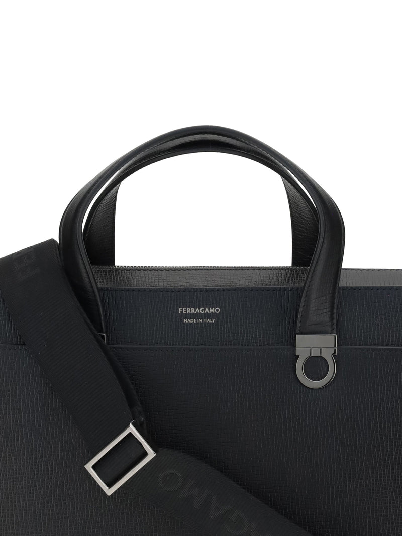 Ferragamo Gancini Briefcase — Black Calf Leather Bos Taurus Bag