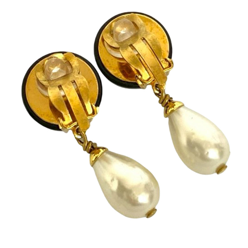 CC Gold Plated Resin and Faux Pearl Drop Clip On Earrings - Image 2