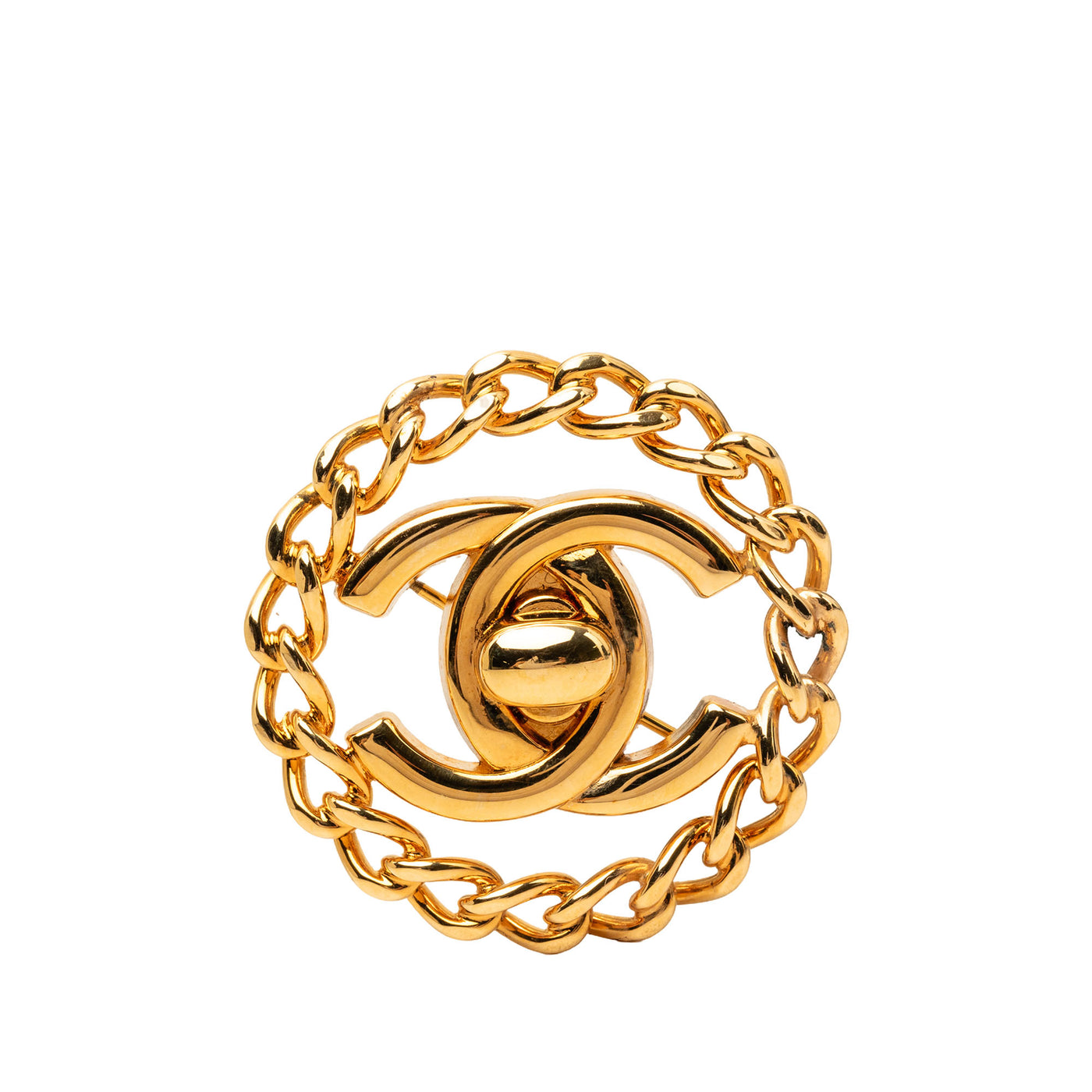 CC Gold Plated Turn Lock Chain Round Brooch - Image 1
