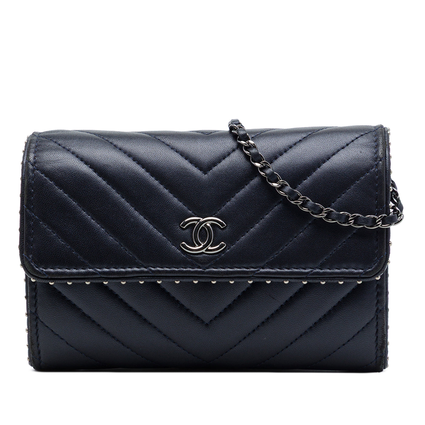 CC Chevron Lambskin Studded Wallet On Chain - Image 1