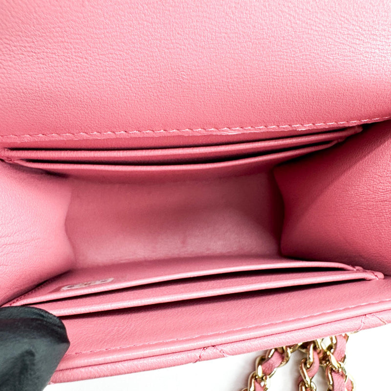 Chanel Square Classic Flap Top Handle Clutch With Chain Quilted Lambskin Pink Leather
