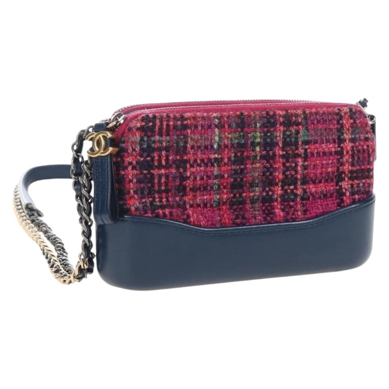 Chanel Gabrielle Double Zip Clutch With Chain Quilted Tweed Pink