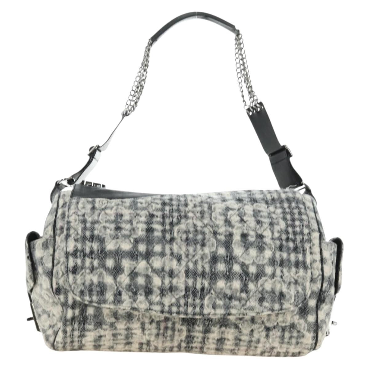 Chanel Vintage Camellia Flap Camera Quilted Tweed White Wool Bag