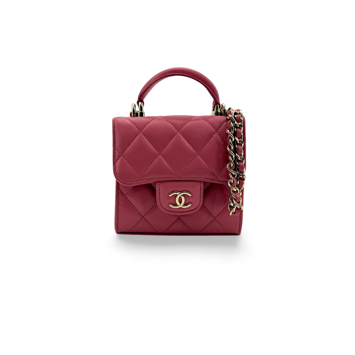 Chanel Square Classic Flap Top Handle Clutch With Chain Quilted Lambskin Pink Leather