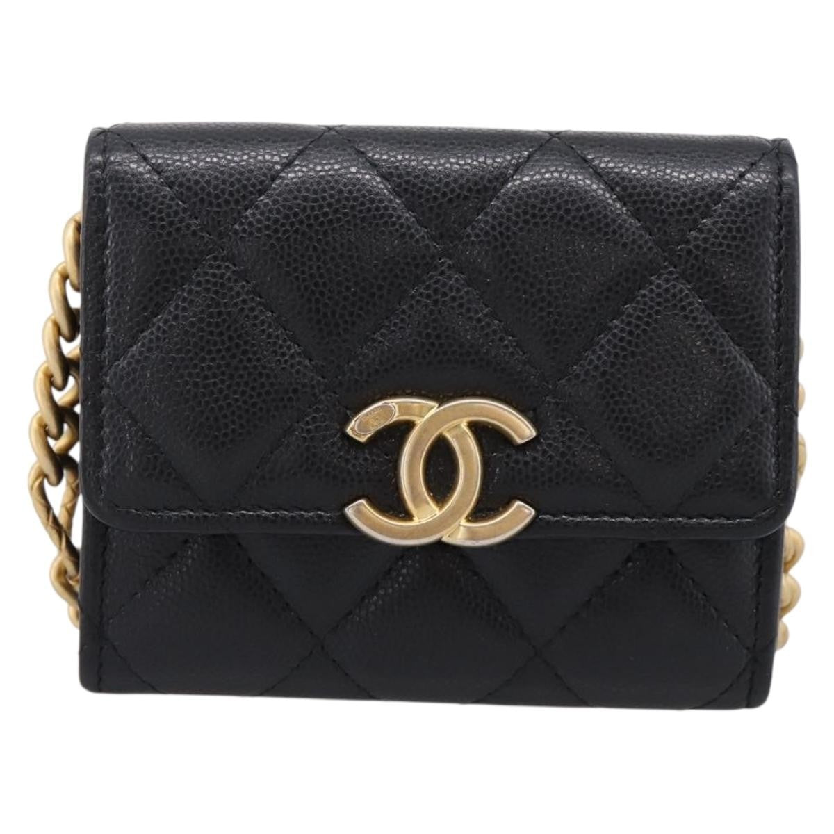 Chanel Plate Logo Cc Flap Card Holder On Chain Quilted Caviar Black Leather Bag