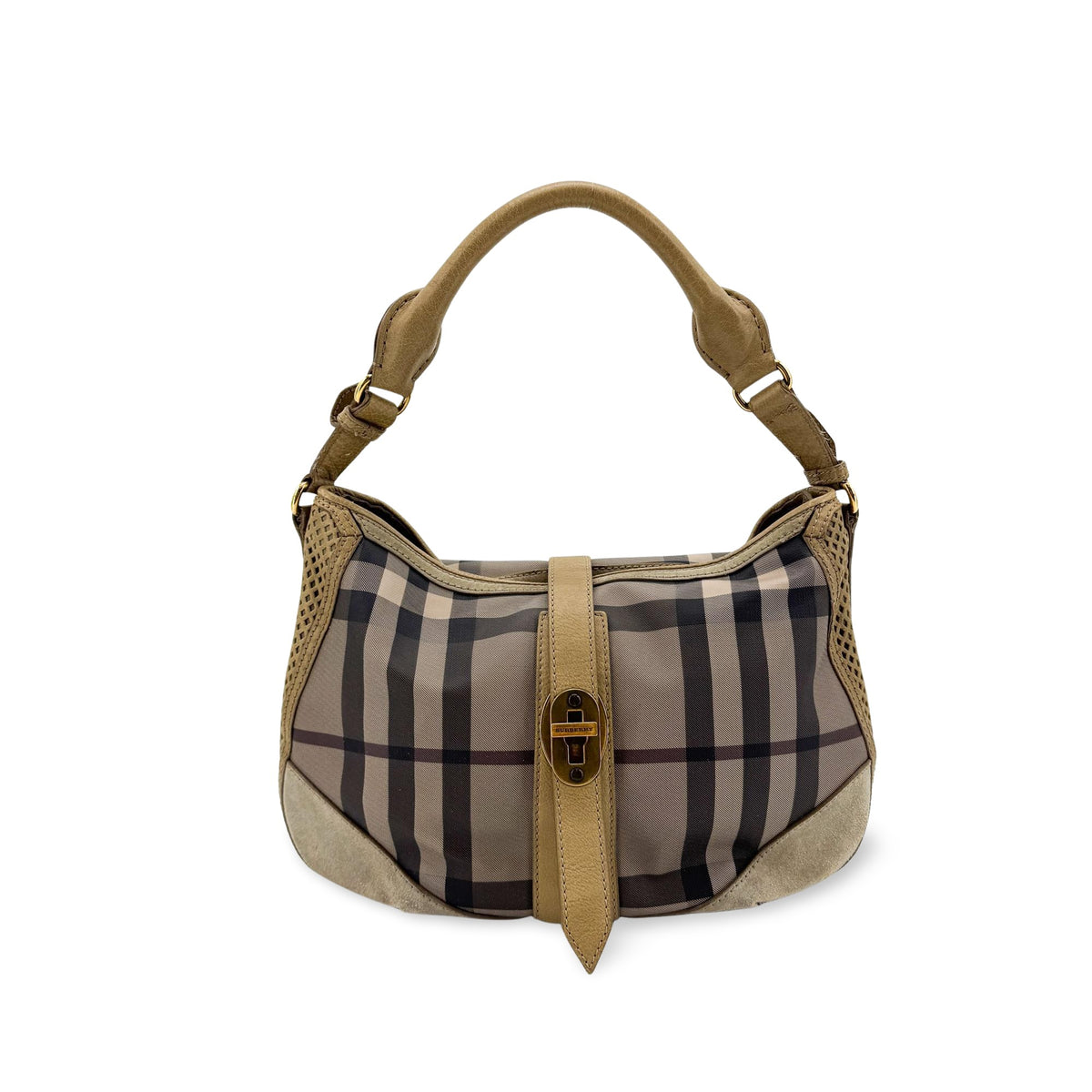 Burberry Ashwood Convertible Hobo House Check Canvas Beige Suede