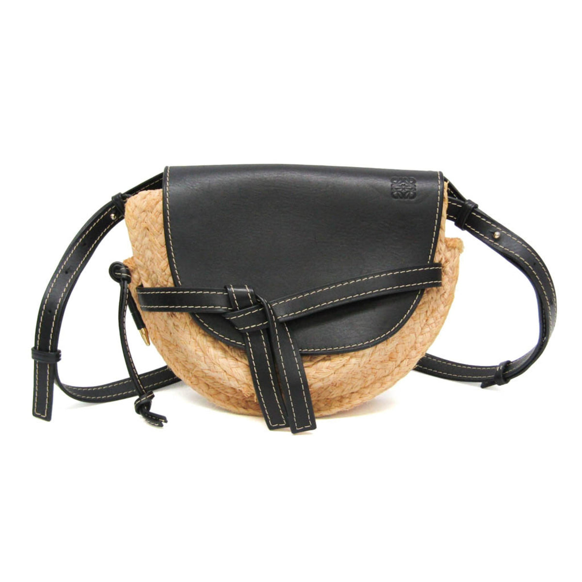 Loewe Gate Leather With Raffia Black Bag