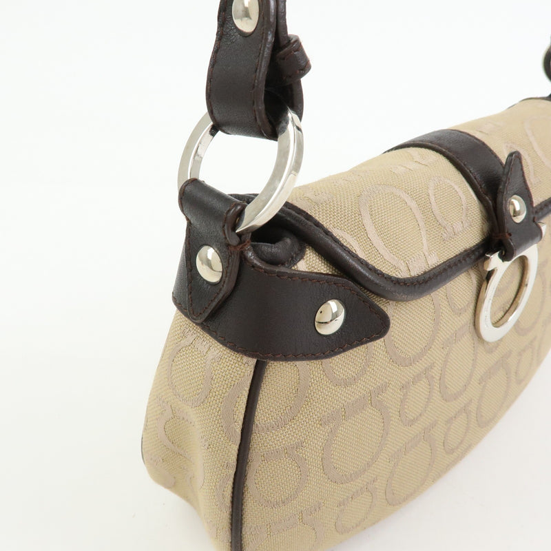 Salvatore Ferragamo Gancini Handle Leather Beige Canvas Bag