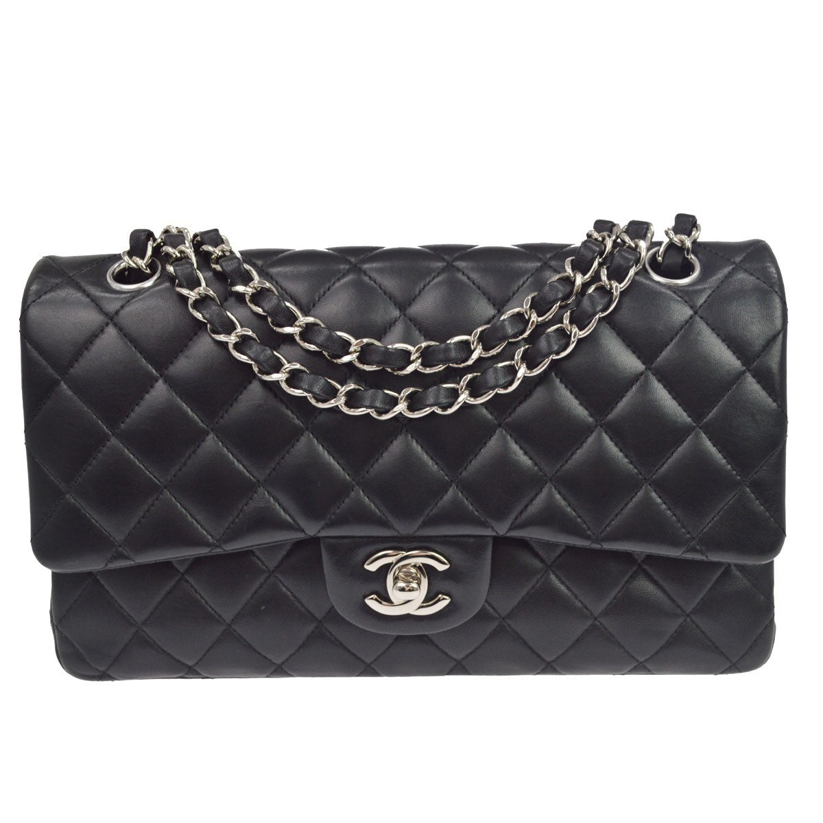 Chanel Classic Timeless Double Flap Quilted Lambskin Black Leather Bag