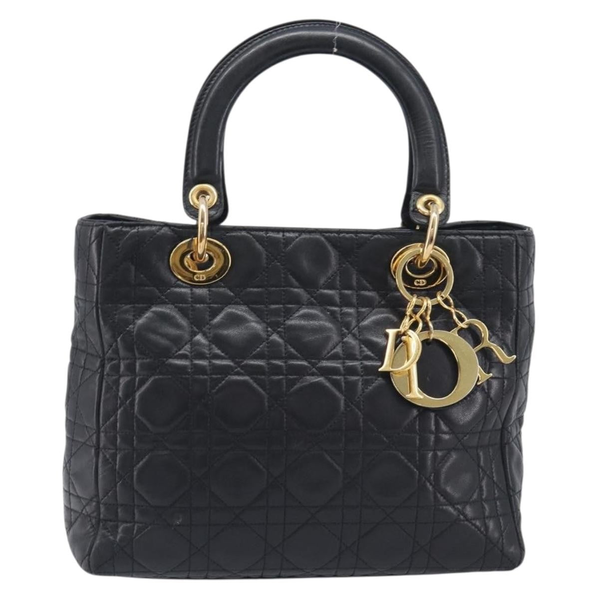 Christian Dior Vintage Lady Cannage Quilt Lambskin Black Leather Bag