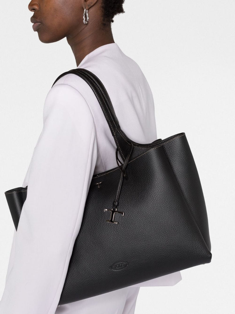 Tods Pebbled Leather Tote Bag — Black