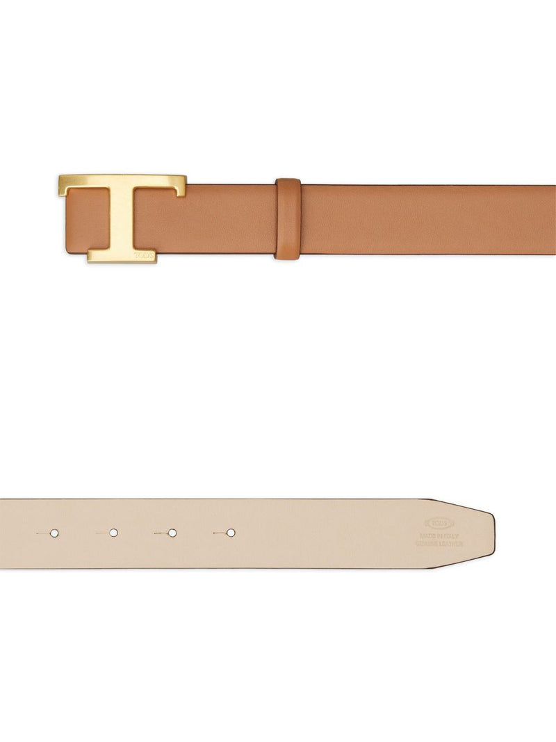Tods Logo-Buckle Reversible Calf Leather Belt — Brown