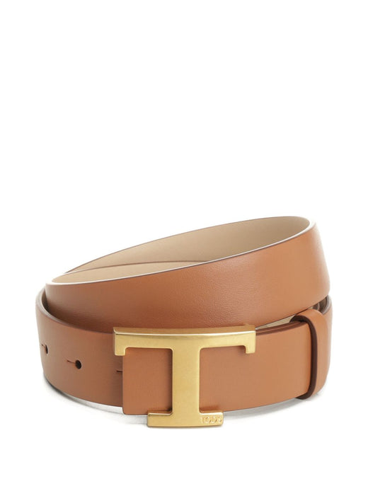 Tods Logo-Buckle Reversible Calf Leather Belt — Brown