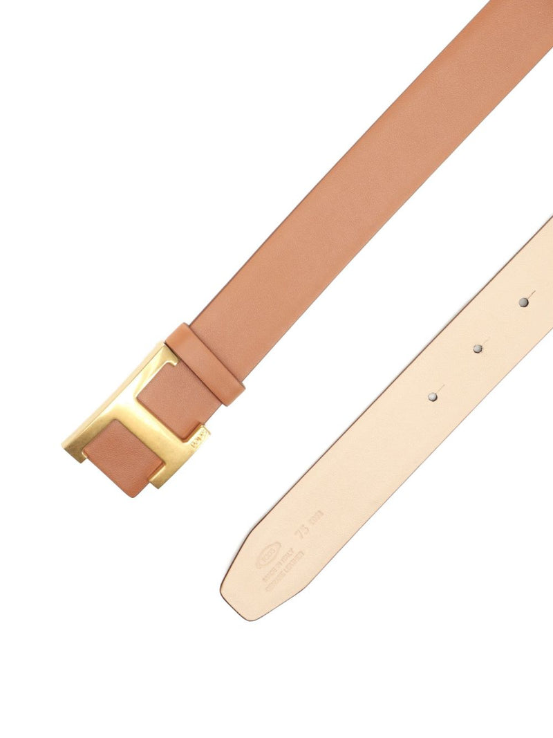 Tods Logo-Buckle Reversible Calf Leather Belt — Brown