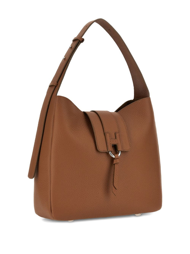 Hogan Pebble Grain Leather Shoulder Bag — Brown