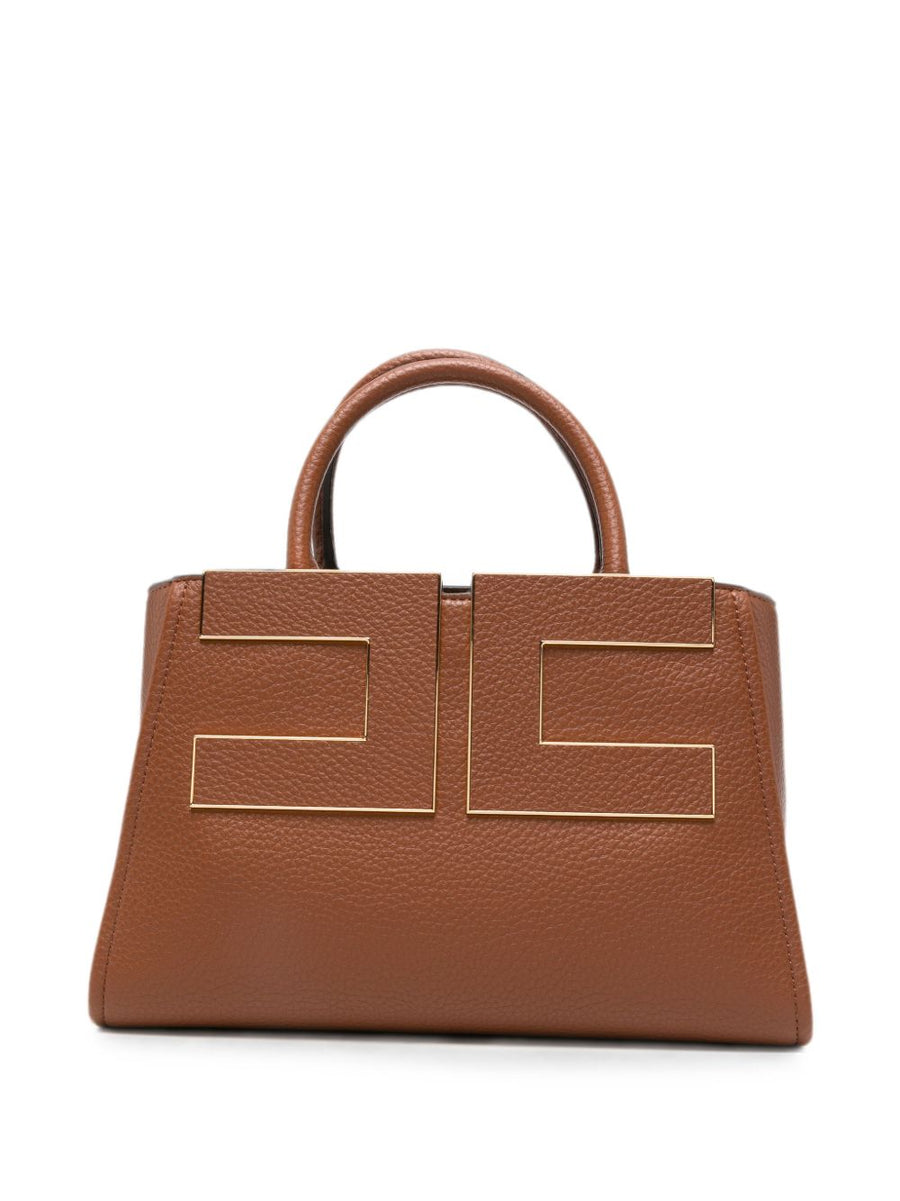 Elisabetta Franchi Geometric Gold-Tone Plaque Tote Bag — Brown