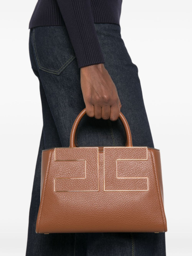 Elisabetta Franchi Geometric Gold-Tone Plaque Tote Bag — Brown
