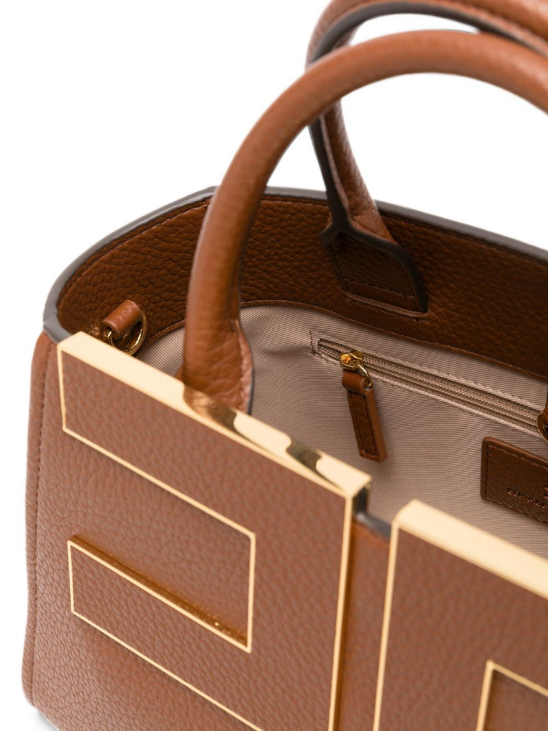 Elisabetta Franchi Geometric Gold-Tone Plaque Tote Bag — Brown