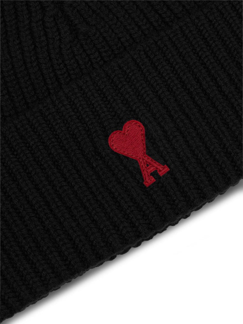 Ami Paris De Coeur Embroidered Wool Beanie — Black Merino Beanies