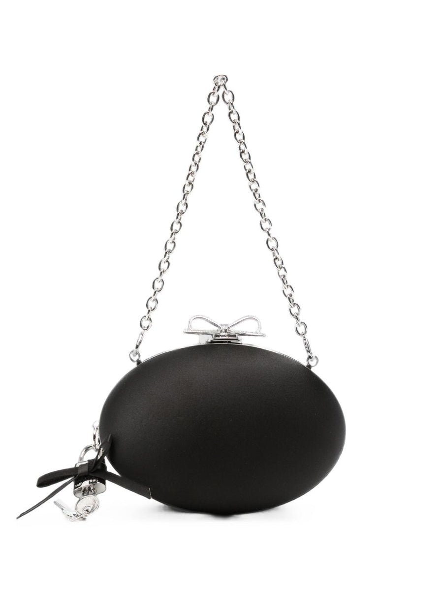 Self-Portrait Satin Oval With Bow Padlock Charm Clutch — Black