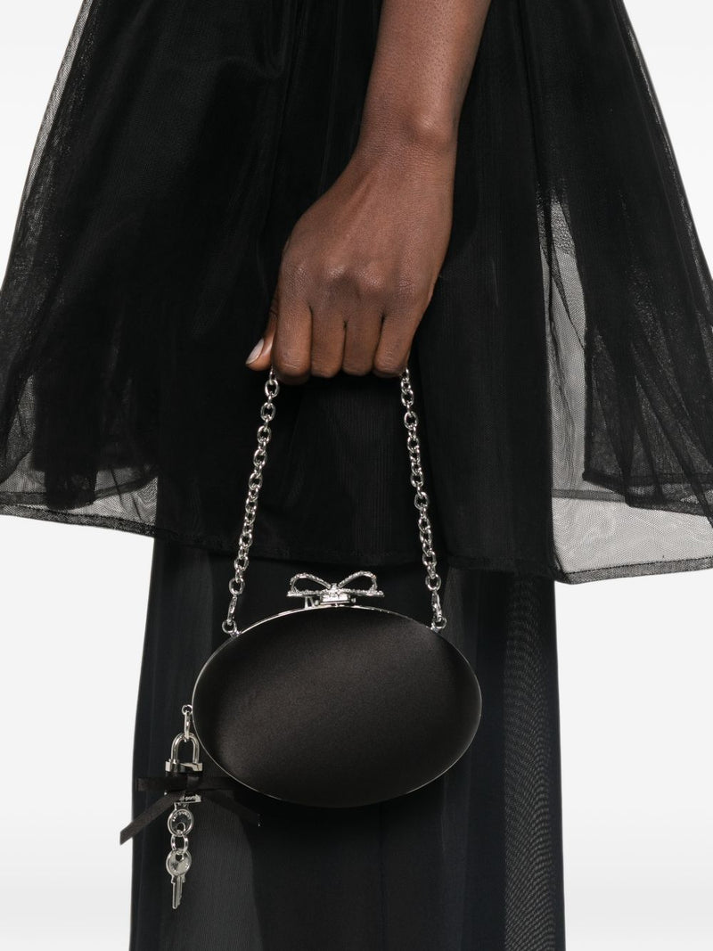 Self-Portrait Satin Oval With Bow Padlock Charm Clutch — Black