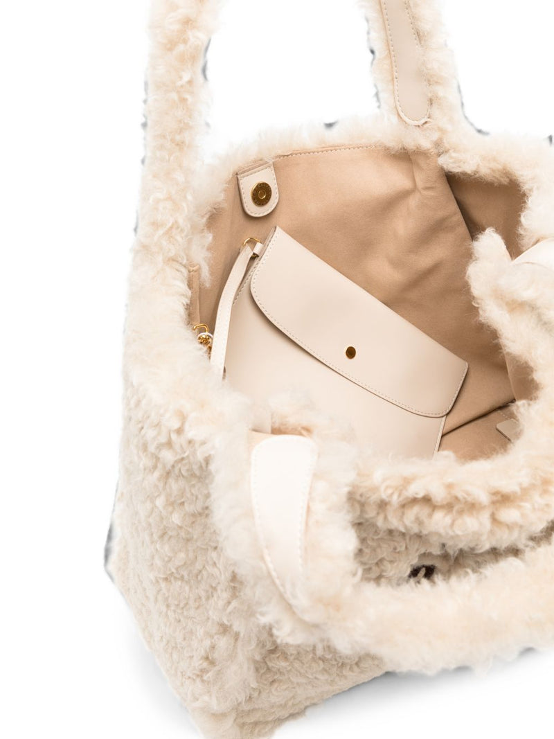 Stella Mccartney Logo-Embroidered Shearling Tote Bag — Beige