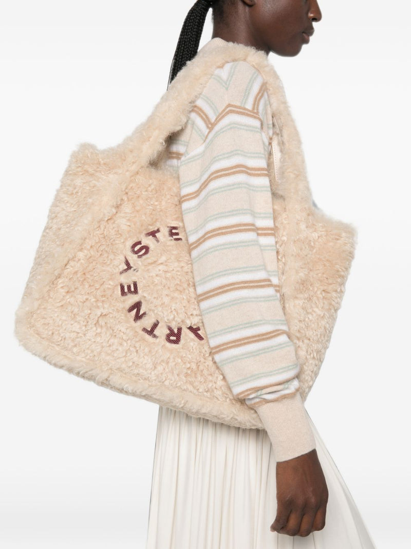 Stella Mccartney Logo-Embroidered Shearling Tote Bag — Beige