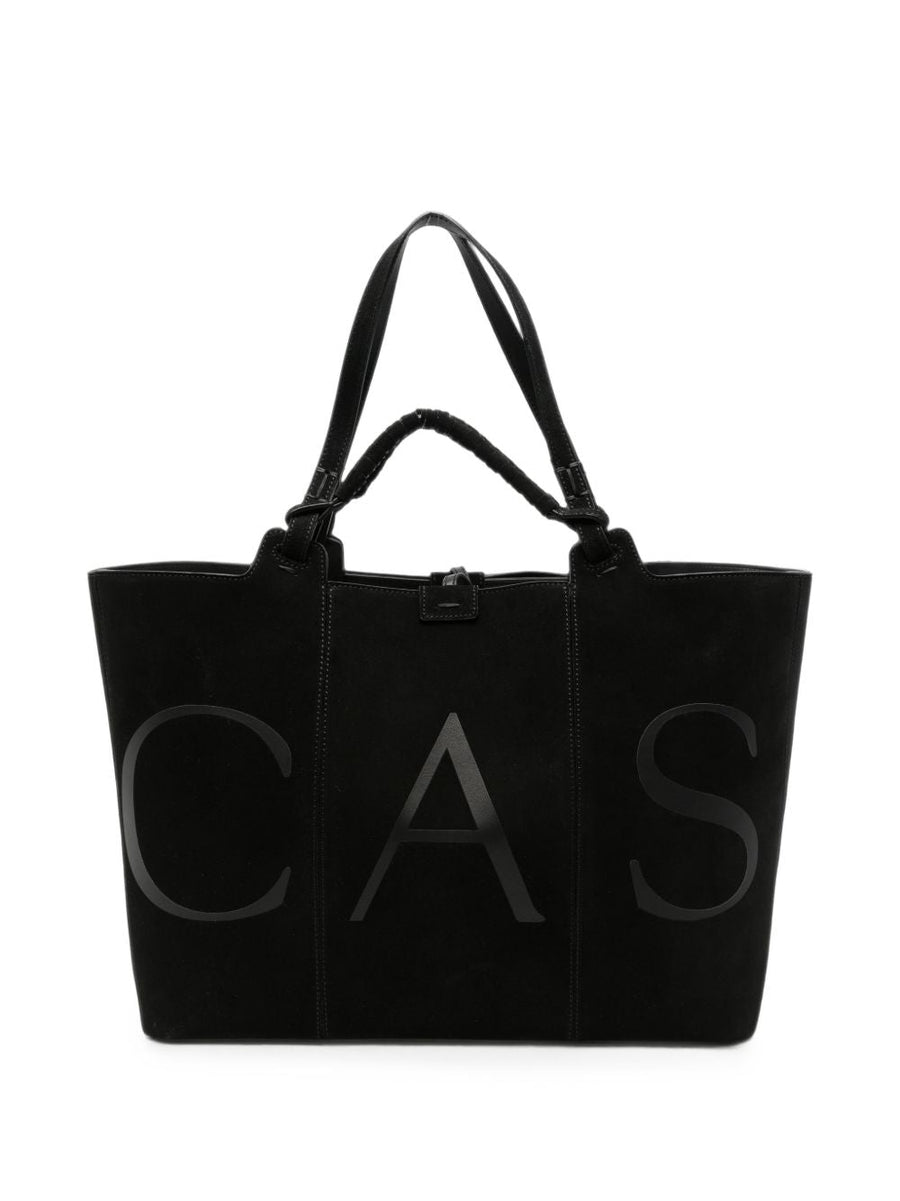 Casadei Logo-Print Suede Tote Bag — Black Leather With Finish