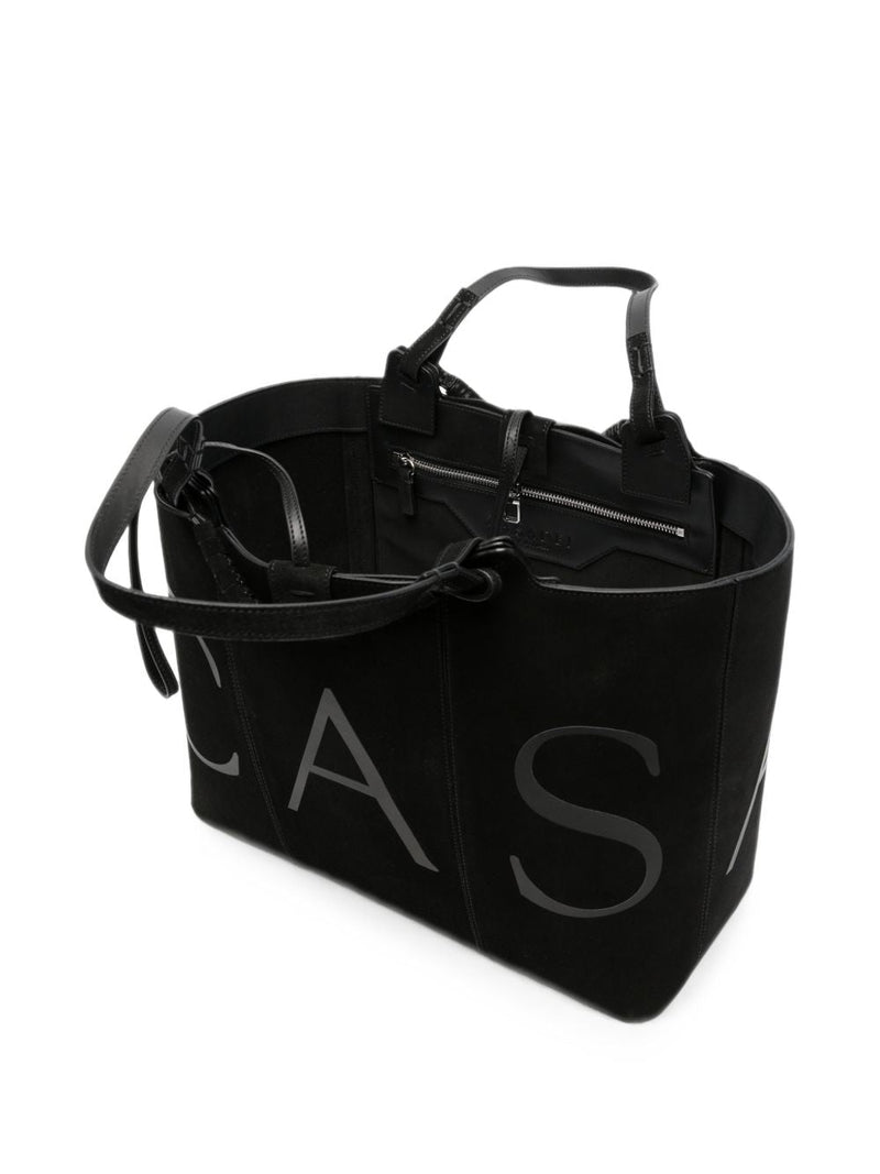 Casadei Logo-Print Suede Tote Bag — Black Leather With Finish