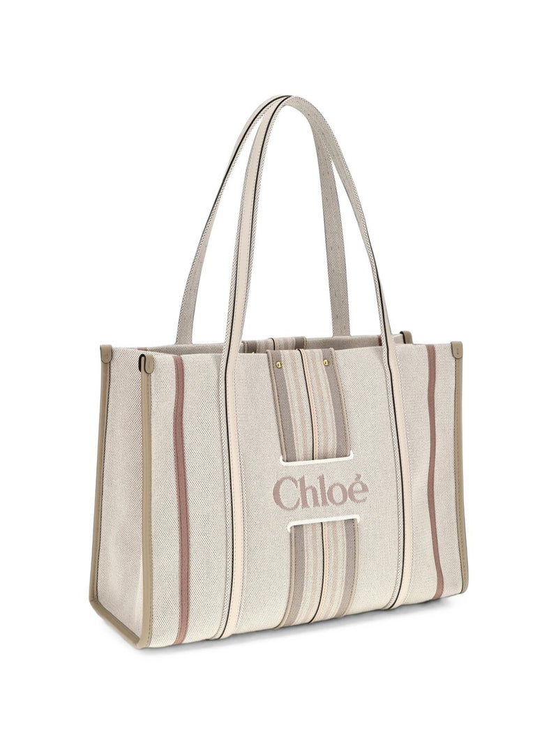 Chloé Striped Linen Shoulder Bag — Cream
